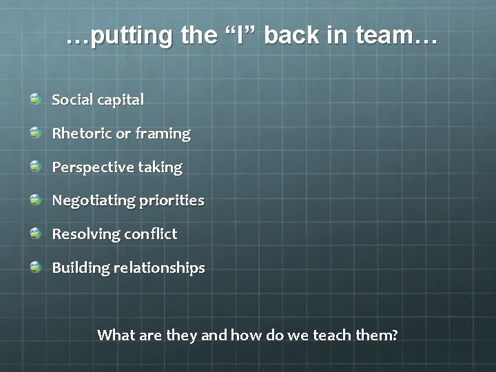 …putting the “I” back in team… Social capital Rhetoric or framing Perspective taking Negotiating