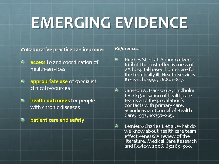 EMERGING EVIDENCE Collaborative practice can improve: access to and coordination of health-services appropriate use