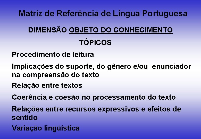 Matriz de Referência de Língua Portuguesa DIMENSÃO OBJETO DO CONHECIMENTO TÓPICOS Procedimento de leitura