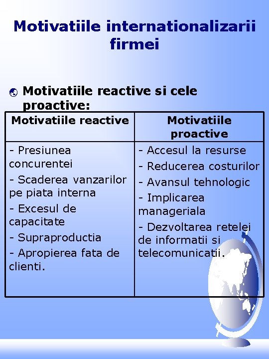 Motivatiile internationalizarii firmei ý Motivatiile reactive si cele proactive: Motivatiile reactive Motivatiile proactive -