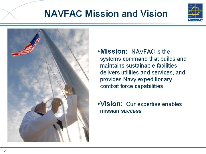 NAVFAC Mission and Vision • Mission: NAVFAC is the systems command that builds and