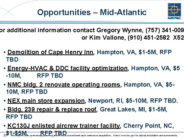 Opportunities – Mid-Atlantic or additional information contact Gregory Wynne, (757) 341 -009 or Kim