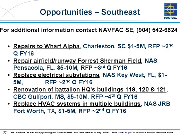 Opportunities – Southeast For additional information contact NAVFAC SE, (904) 542 -6624 • Repairs