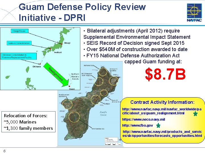 Guam Defense Policy Review Initiative - DPRI • Bilateral adjustments (April 2012) require Supplemental