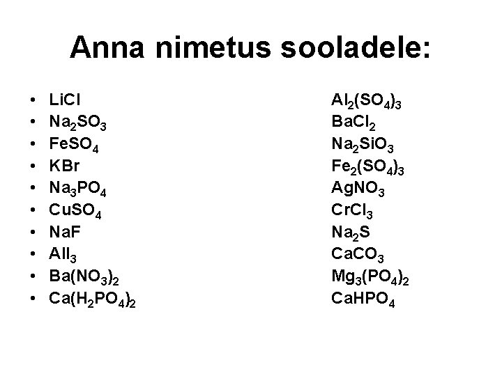 Anna nimetus sooladele: • • • Li. Cl Na 2 SO 3 Fe. SO