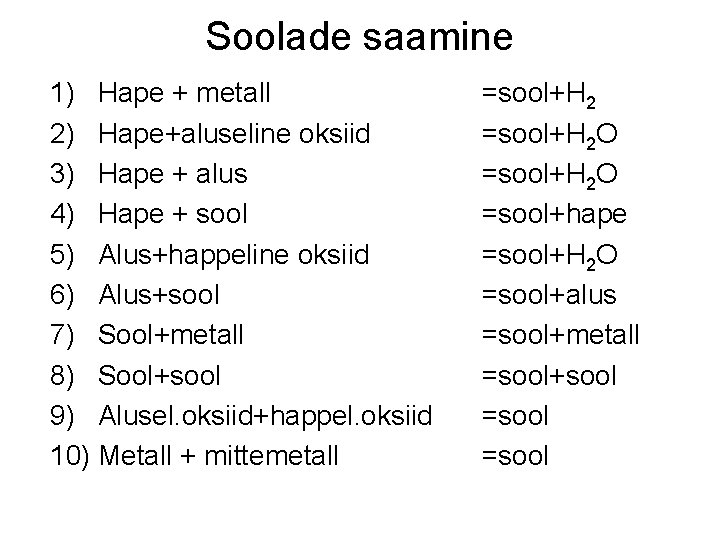 Soolade saamine 1) Hape + metall 2) Hape+aluseline oksiid 3) Hape + alus 4)