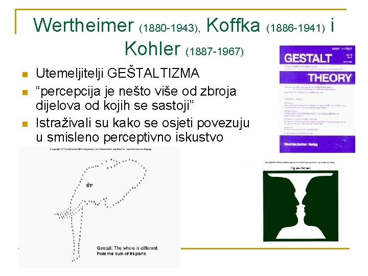 Wertheimer (1880 -1943), Koffka (1886 -1941) i Kohler (1887 -1967) n n n Utemeljitelji