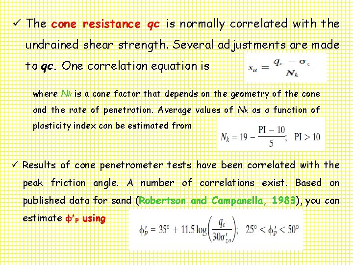 ü The cone resistance qc is normally correlated with the undrained shear strength. Several