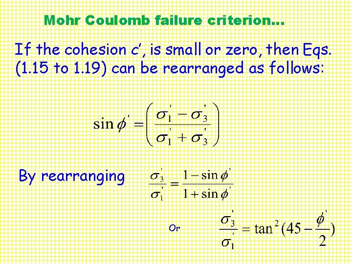 Mohr Coulomb failure criterion… If the cohesion c’, is small or zero, then Eqs.