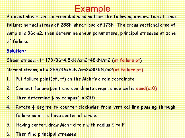 Example A direct shear test on remolded sand soil has the following observation at