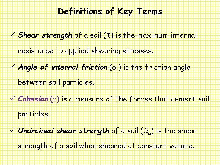 Definitions of Key Terms ü Shear strength of a soil ( ) is the
