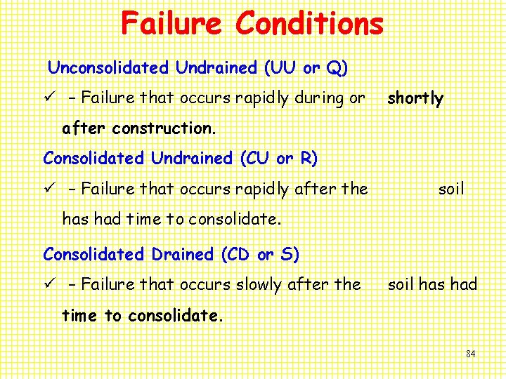 Failure Conditions Unconsolidated Undrained (UU or Q) ü – Failure that occurs rapidly during