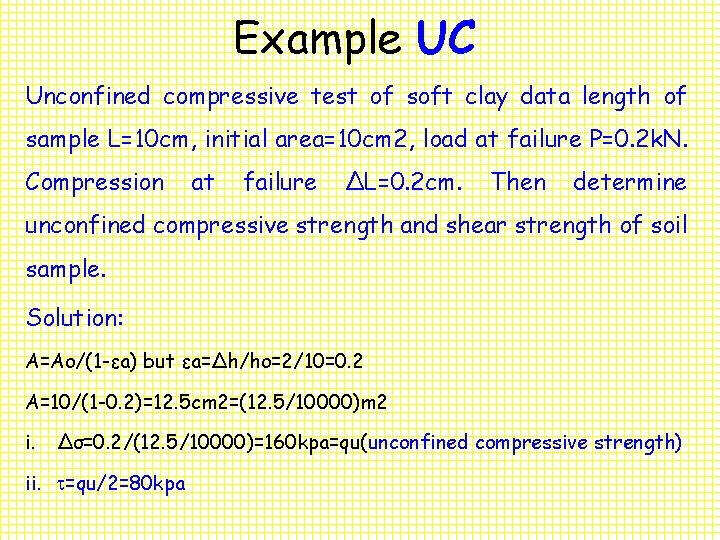 Example UC Unconfined compressive test of soft clay data length of sample L=10 cm,