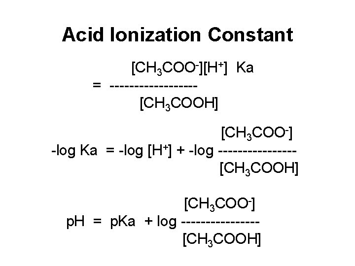 Acid Ionization Constant [CH 3 COO-][H+] Ka = ---------[CH 3 COOH] [CH 3 COO-]