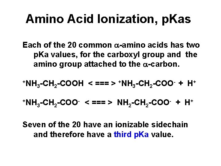 Amino Acid Ionization, p. Kas Each of the 20 common a-amino acids has two