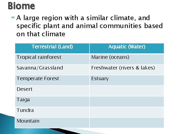 Biome A large region with a similar climate, and specific plant and animal communities