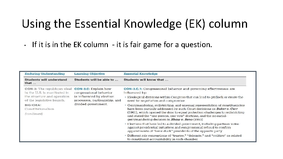 Using the Essential Knowledge (EK) column • If it is in the EK column