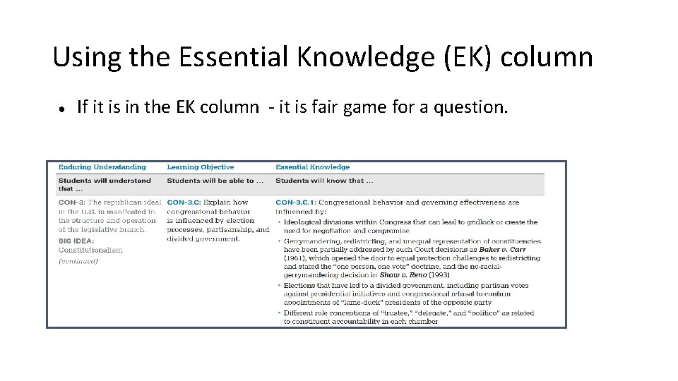 Using the Essential Knowledge (EK) column ● If it is in the EK column