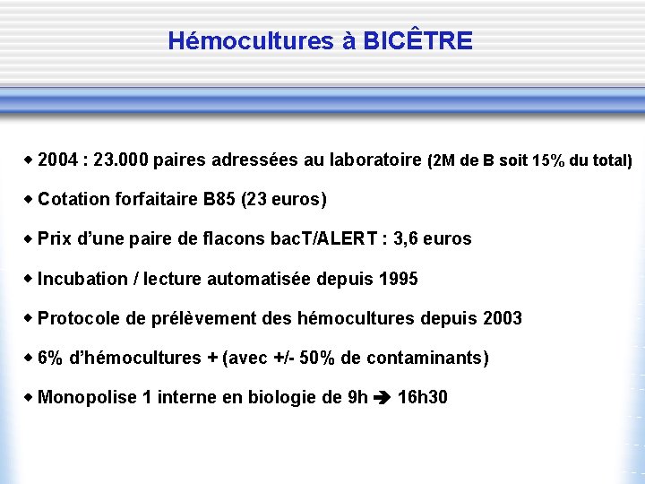 Hémocultures à BICÊTRE 2004 : 23. 000 paires adressées au laboratoire (2 M de
