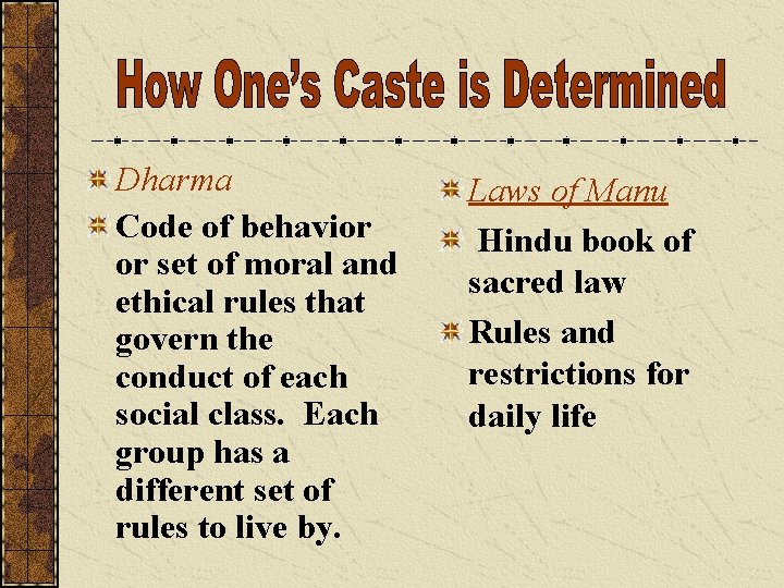Dharma Code of behavior or set of moral and ethical rules that govern the