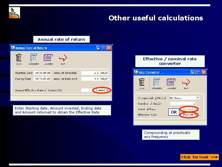 Other useful calculations Annual rate of return Effective / nominal rate converter Enter Starting Other useful calculations Annual rate of return Effective / nominal rate converter Enter Starting