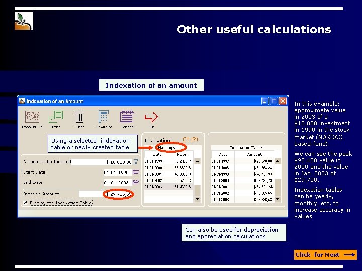 Other useful calculations Indexation of an amount In this example: approximate value in 2003 Other useful calculations Indexation of an amount In this example: approximate value in 2003