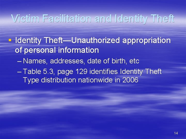 Victim Facilitation and Identity Theft § Identity Theft—Unauthorized appropriation of personal information – Names,