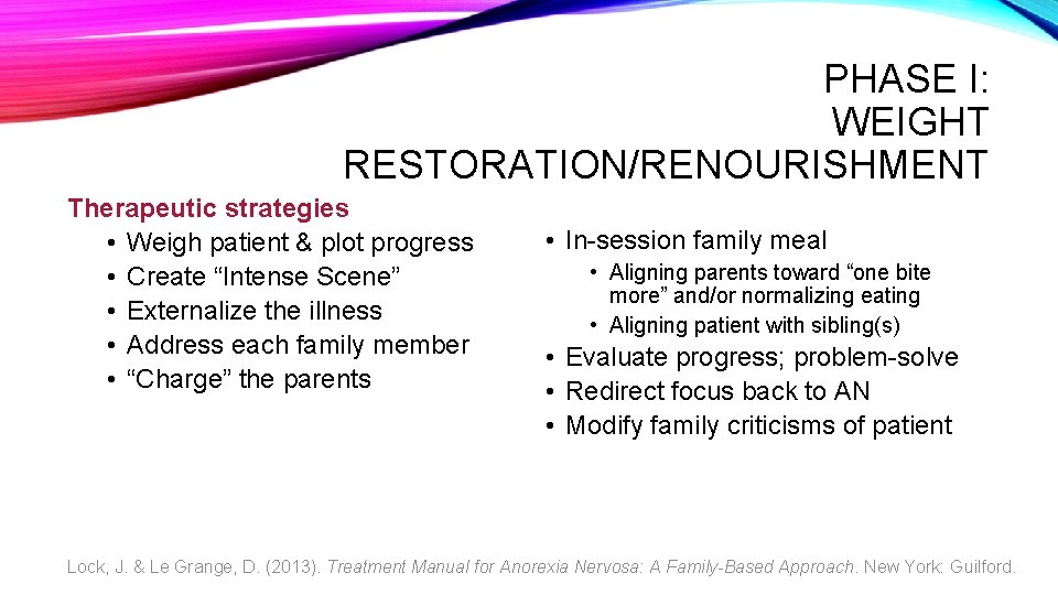 PHASE I: WEIGHT RESTORATION/RENOURISHMENT Therapeutic strategies • Weigh patient & plot progress • Create