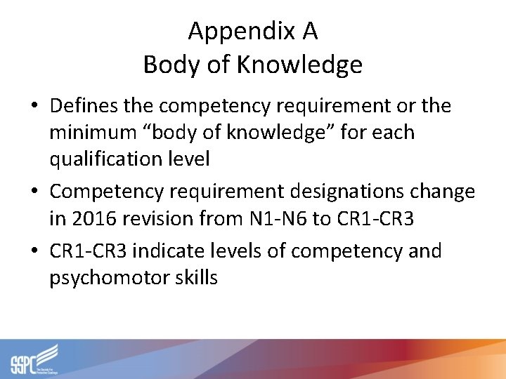 Appendix A Body of Knowledge • Defines the competency requirement or the minimum “body