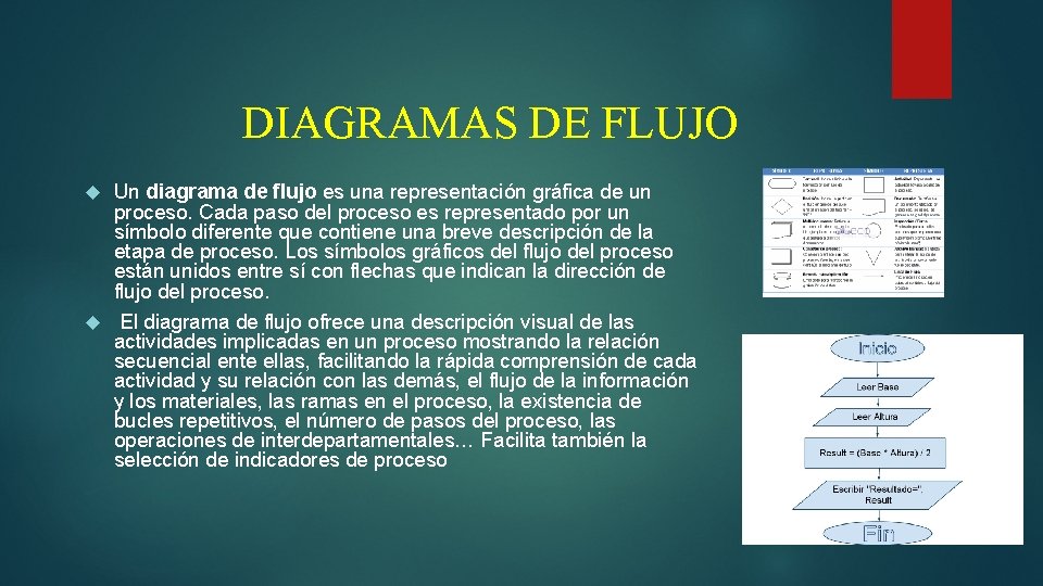 DIAGRAMAS DE FLUJO Un diagrama de flujo es una representación gráfica de un proceso.