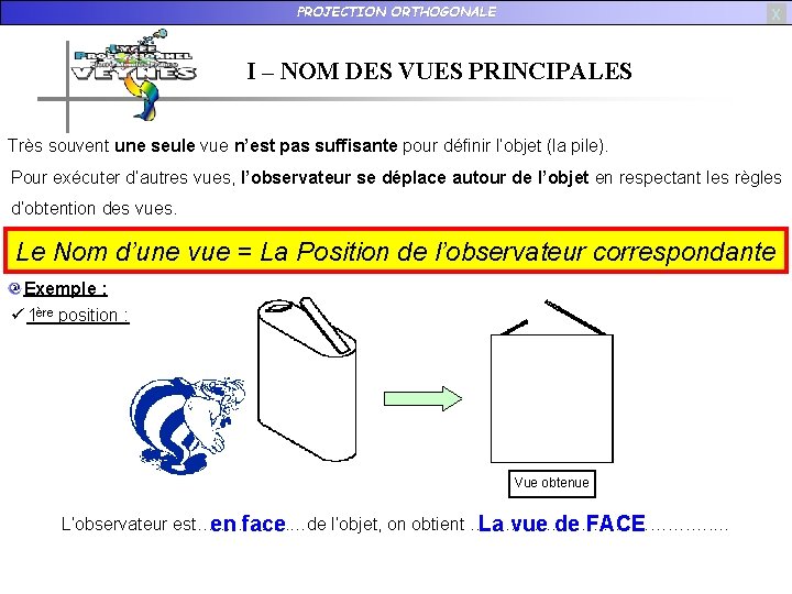 PROJECTION ORTHOGONALE X I – NOM DES VUES PRINCIPALES Très souvent une seule vue