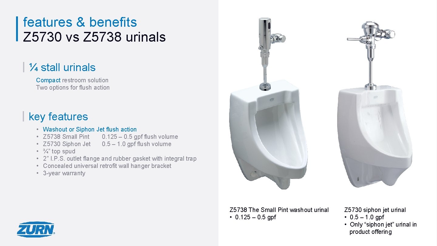 features & benefits Z 5730 vs Z 5738 urinals ¼ stall urinals Compact restroom