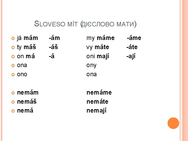 SLOVESO MÍT (ДІЄСЛОВО МАТИ) já mám ty máš on má ona ono nemám nemáš