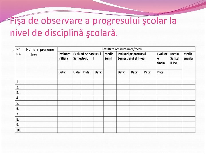 Fişa de observare a progresului şcolar la nivel de disciplină şcolară. . 