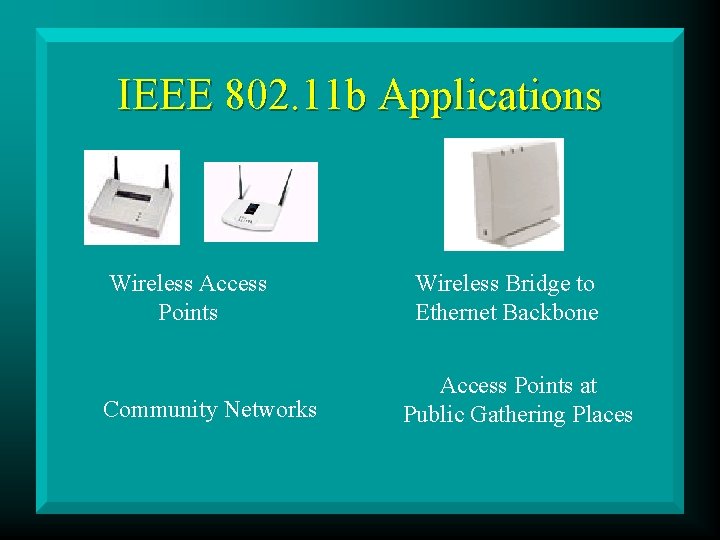 IEEE 802. 11 b Applications Wireless Access Points Community Networks Wireless Bridge to Ethernet