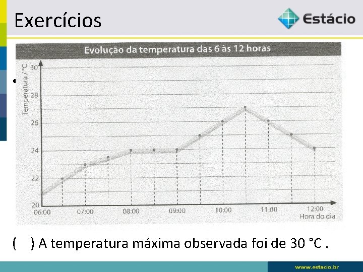 Exercícios • A tempe ( ) A temperatura máxima observada foi de 30 °C.