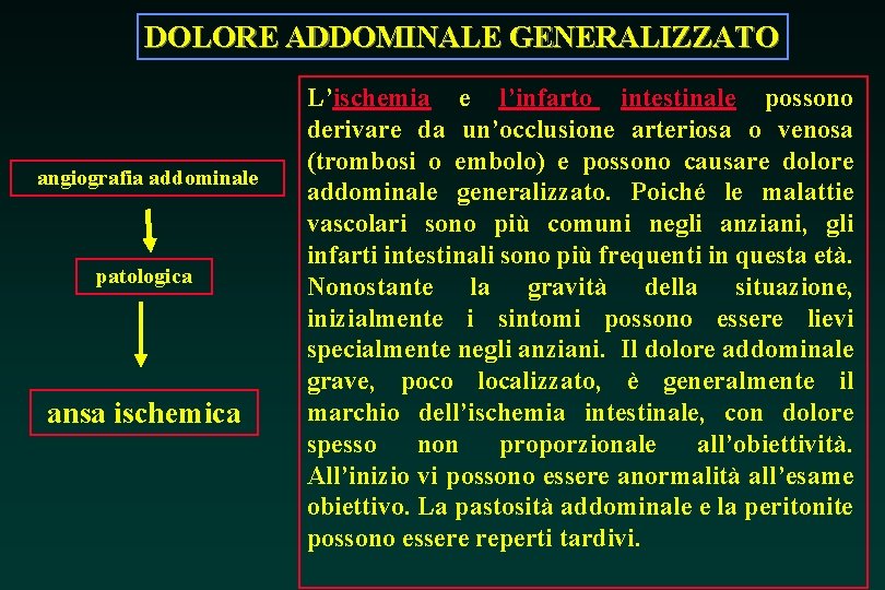 DOLORE ADDOMINALE GENERALIZZATO angiografia addominale patologica ansa ischemica L’ischemia e l’infarto intestinale possono derivare