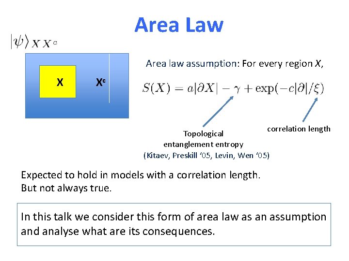 Area Law Area law assumption: For every region X, X Xc correlation length Topological