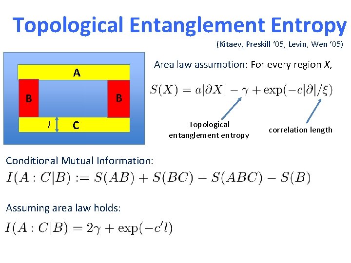 Topological Entanglement Entropy (Kitaev, Preskill ‘ 05, Levin, Wen ‘ 05) Area law assumption: