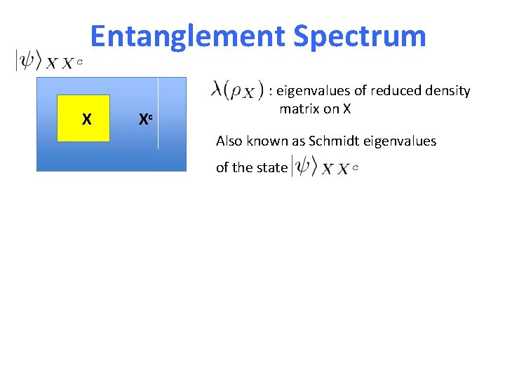 Entanglement Spectrum X Xc : eigenvalues of reduced density matrix on X Also known