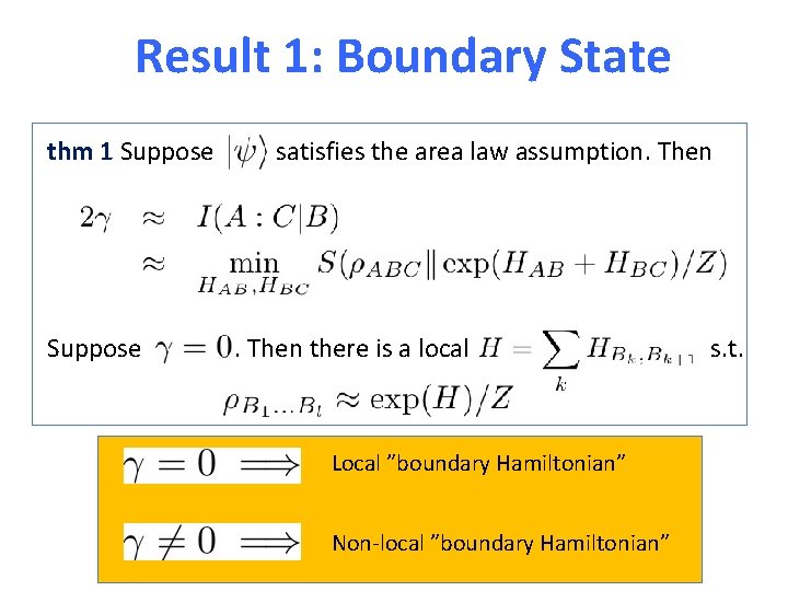 Result 1: Boundary State thm 1 Suppose satisfies the area law assumption. Then Suppose