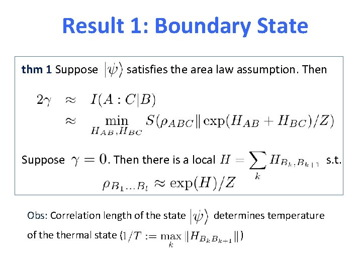 Result 1: Boundary State thm 1 Suppose satisfies the area law assumption. Then Suppose