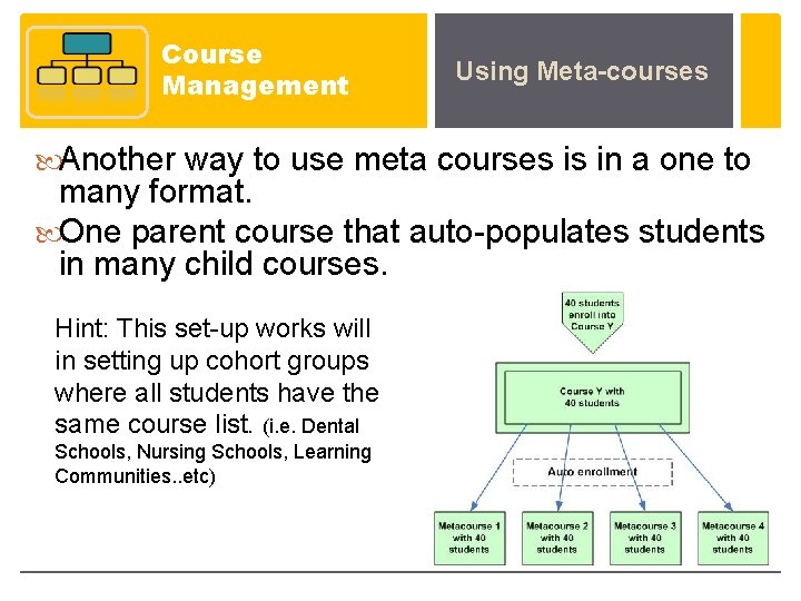 Course Management Using Meta-courses Another way to use meta courses is in a one