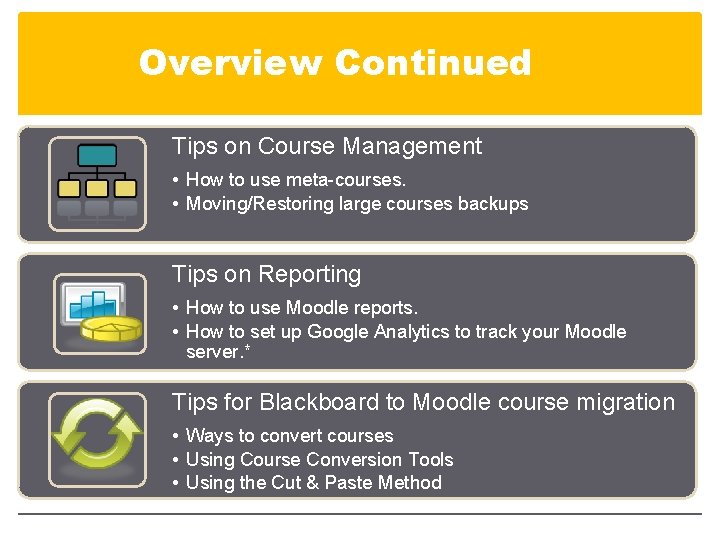 Overview Continued Tips on Course Management • How to use meta-courses. • Moving/Restoring large