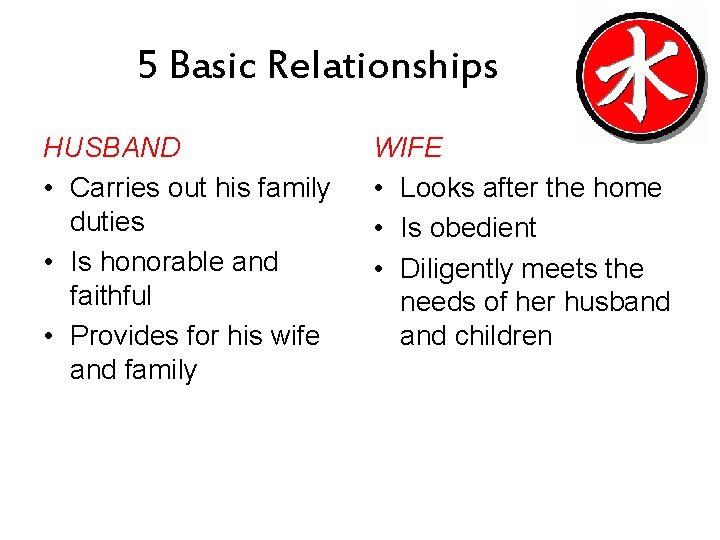 5 Basic Relationships HUSBAND • Carries out his family duties • Is honorable and