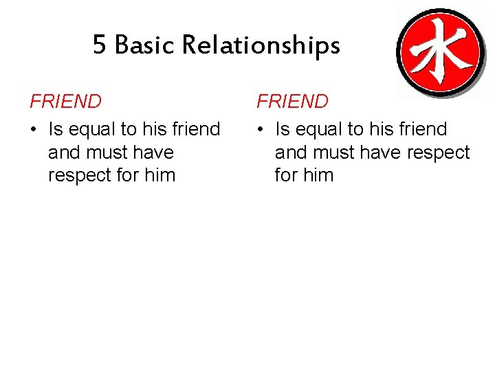 5 Basic Relationships FRIEND • Is equal to his friend and must have respect
