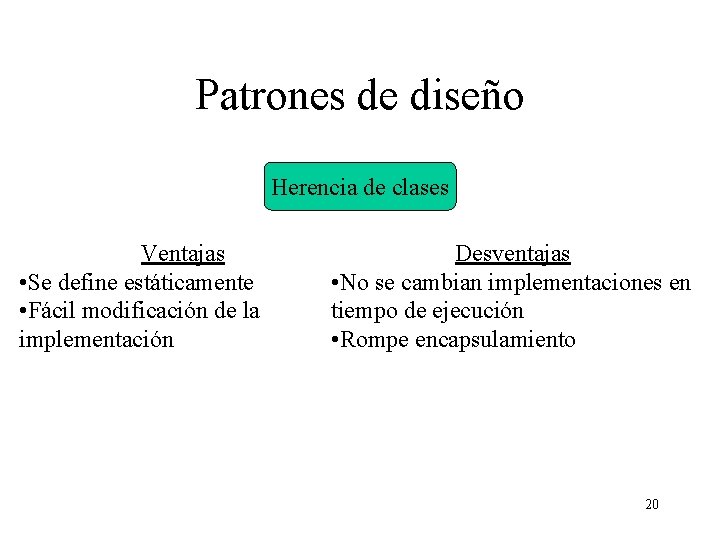 Patrones de diseño Herencia de clases Ventajas • Se define estáticamente • Fácil modificación