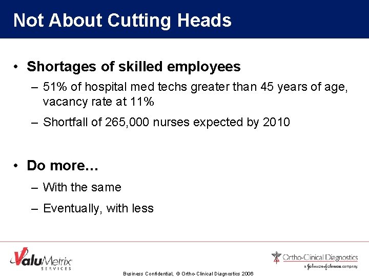 Not About Cutting Heads • Shortages of skilled employees – 51% of hospital med