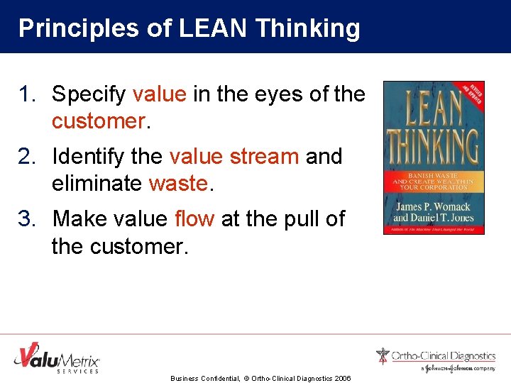 Principles of LEAN Thinking 1. Specify value in the eyes of the customer. 2.