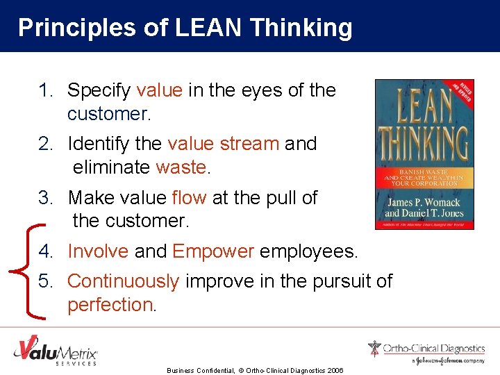 Principles of LEAN Thinking 1. Specify value in the eyes of the customer. 2.